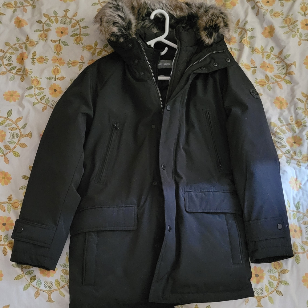MICHAEL Michael Kors Black Parka Jacket with Faux Fur Hood and Long Length